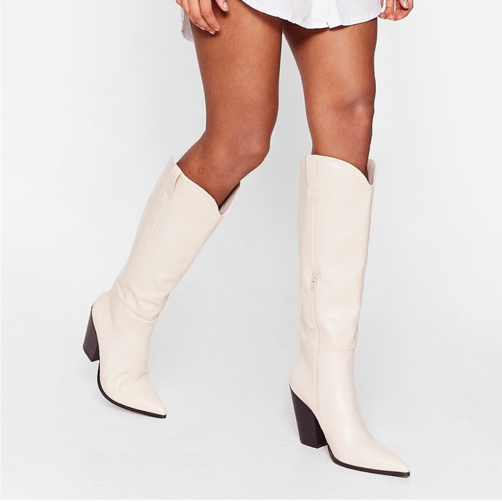 Nastygal cream knee high heeled boots